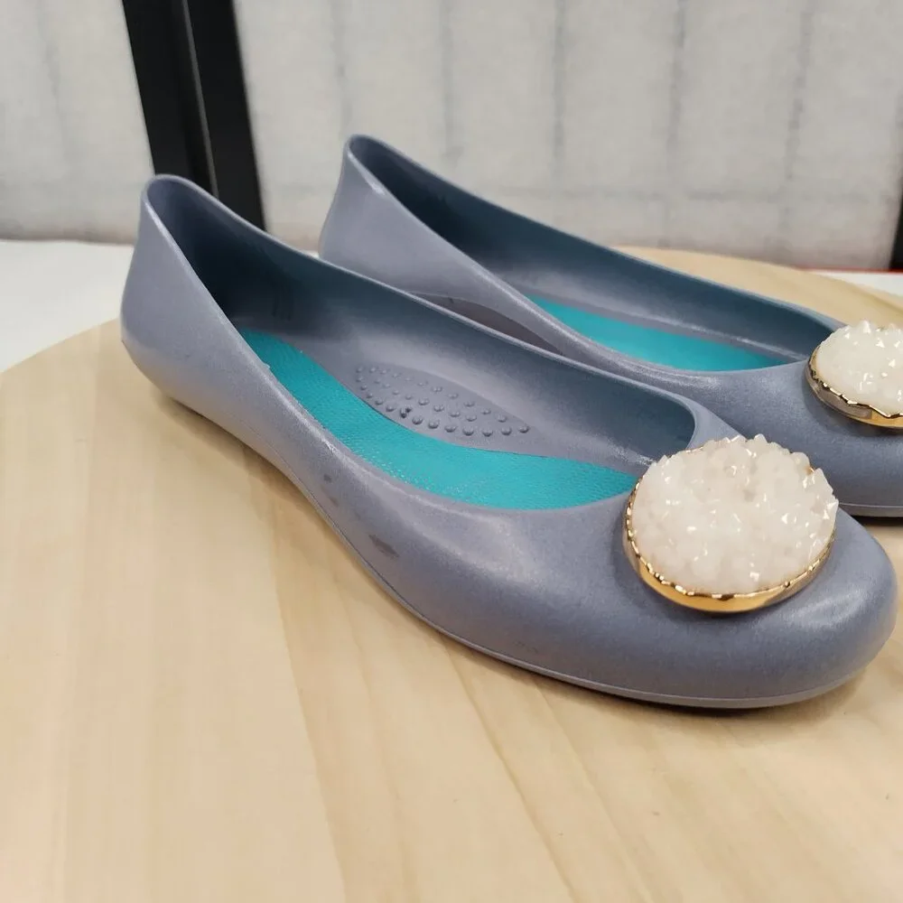 OKA B. Jelly Rubber Ballet Flats Heather Blue w/ Deco Geode Women US 8